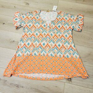 Womens Weekend Suzanne Betro Tribal Print Size M Top Shirt Tunic Orange Blue